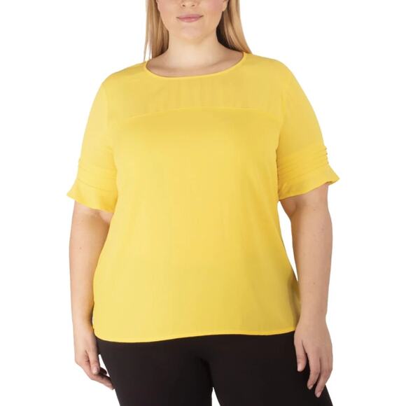 NY Collection Yellow Sheer Crepe Illusion Short Sleeve Tunic Blouse Plus 2X NWT - Picture 1 of 15